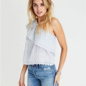 AEO pinstripe one shoulder ruffle eyelet lace top